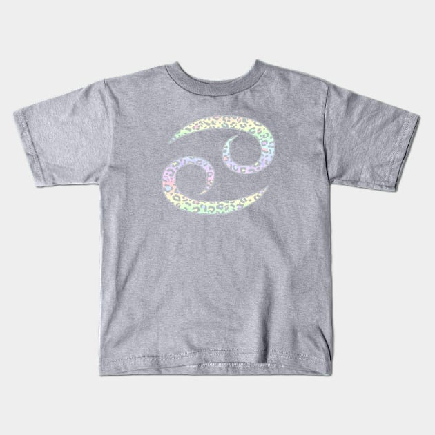 Cancer Zodiac Horoscope Symbol in Pastel Rainbow Leopard Print Kids T-Shirt by bumblefuzzies